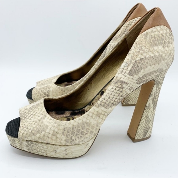 Sam Edelman 'Tacoma' Snake Embossed Genuine Leather Chunky Peeptoe Heels Sz. 8 - Picture 2 of 12